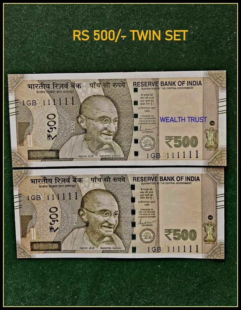 Rs 500 Twin Set Gem Unc Very Unique Bank Note Set Super Solid Number 1GB 111111