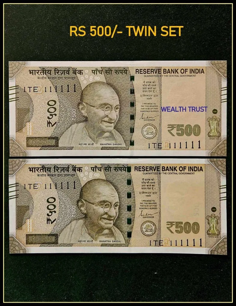 Rs 500 Twin Set Gem Unc Very Unique Bank Note Set Solid Number 1TE 111111