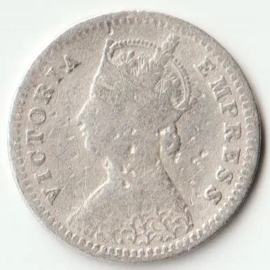 Rare Two Anna 1888 Victoria Empress of British India Small Silver Beautiful Coin