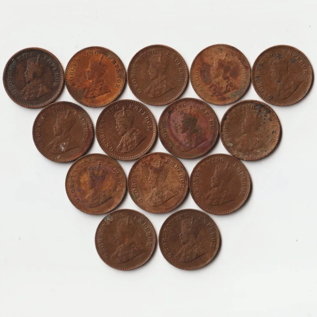 14 Coins Set of 1/12 Anna 1917 to 1928 Bronze Coins of King George V British India Coinage