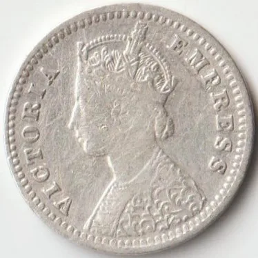 XF Grade Two Anna 1891 Silver Coin of Victoria Empress British India Coinage