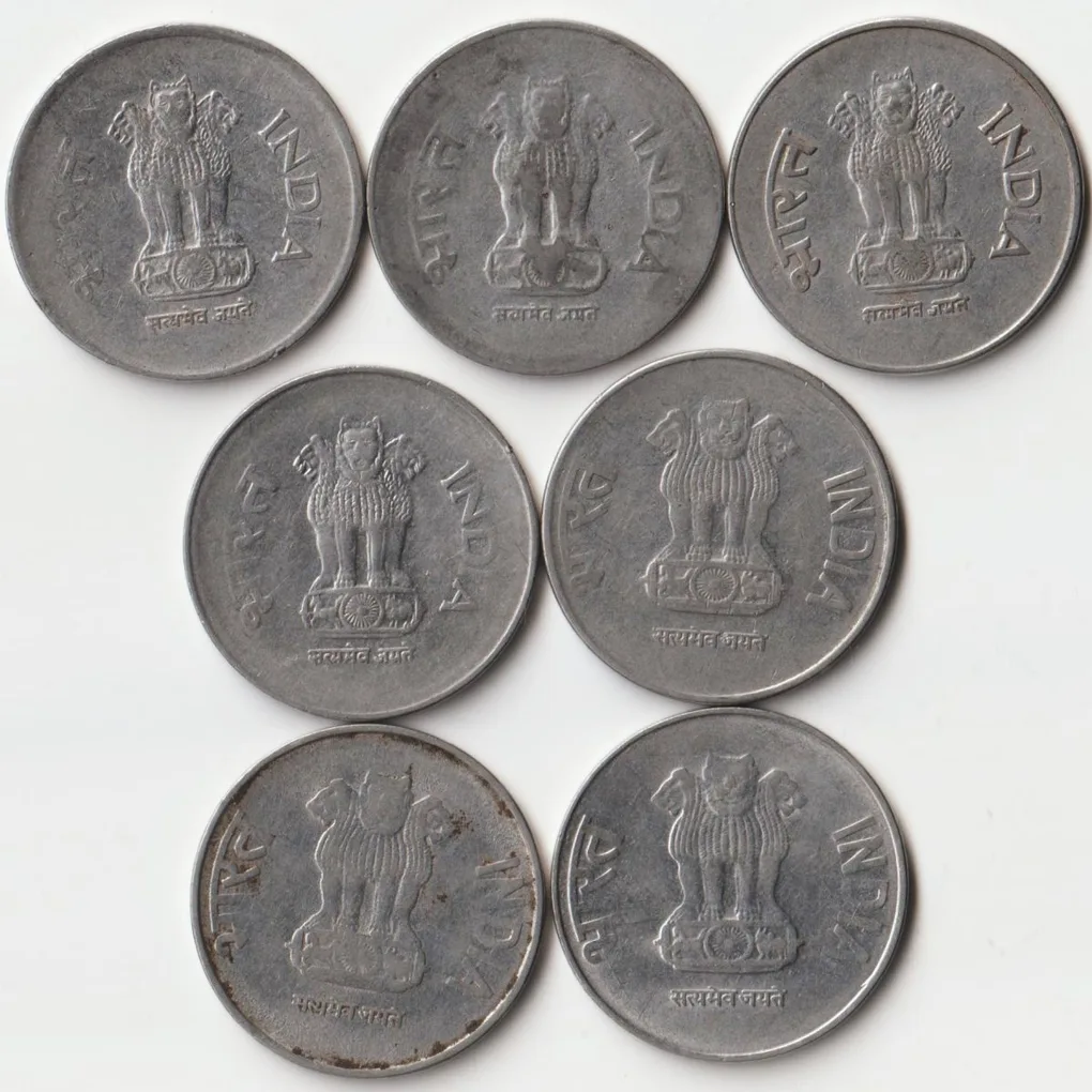 7 Coins Lot of One, Two Rupees Different Dates Set of Coin of Republic India