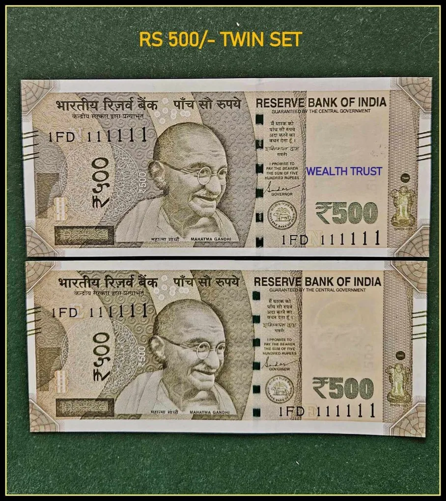 Rs 500 Twin Set Gem Unc Very Unique Bank Note Set Super Solid Number 1FD 111111