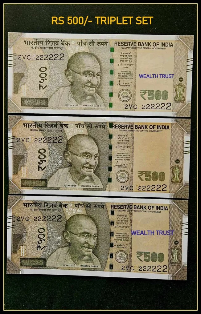 Rs 500 Triplet Set Gem Unc Very Unique & Rare Super Solid Number 2VC 222222