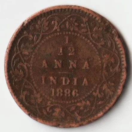 Rare 1/12 Anna 1886 Copper Coin of Victoria Queen British India Coinage