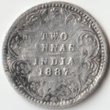 Two Anna 1887 Silver Coin of Victoria Empress British India Coinage