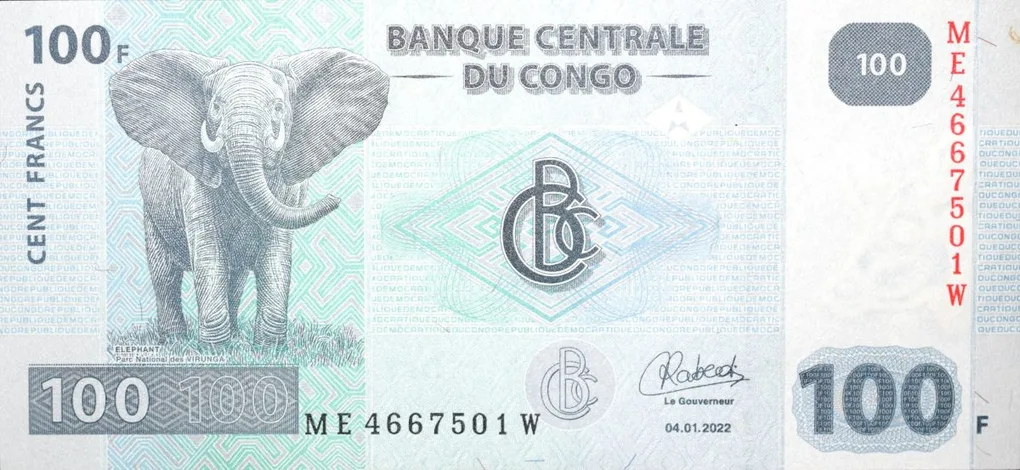 100 Francs of Congo Country (AD 2022) with African Bush Elephant (Loxodonta africana) at Virunga National Park
