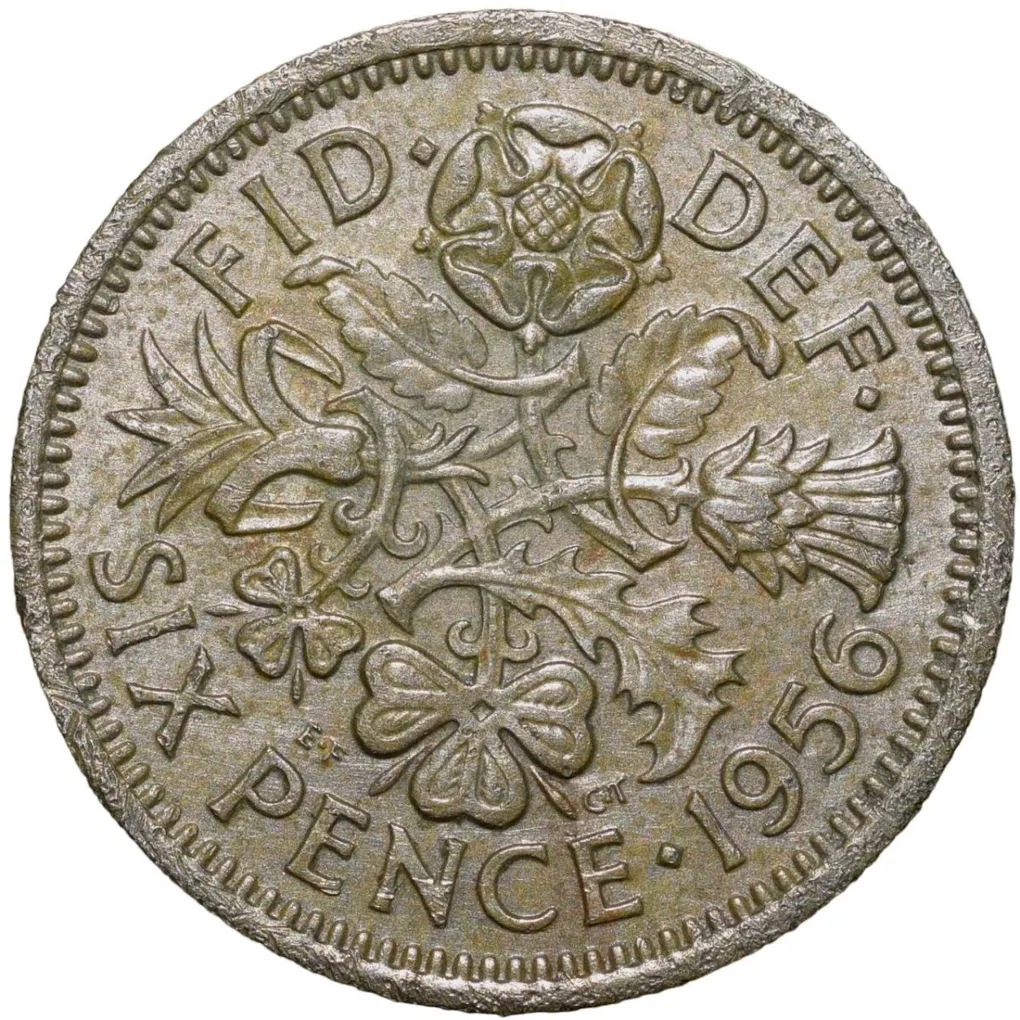OldcCopper-Nickel 6 Pence of Elizabeth II of United Kingdom (AD 1956) with Flowers