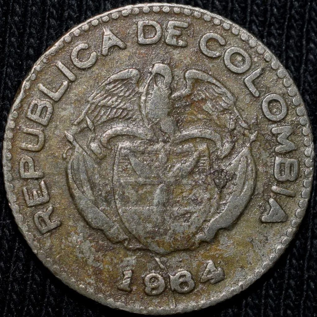 Old Copper-Nickel 10 Pesos of Colombia Country (AD 1964) with portrait of Indio Chief