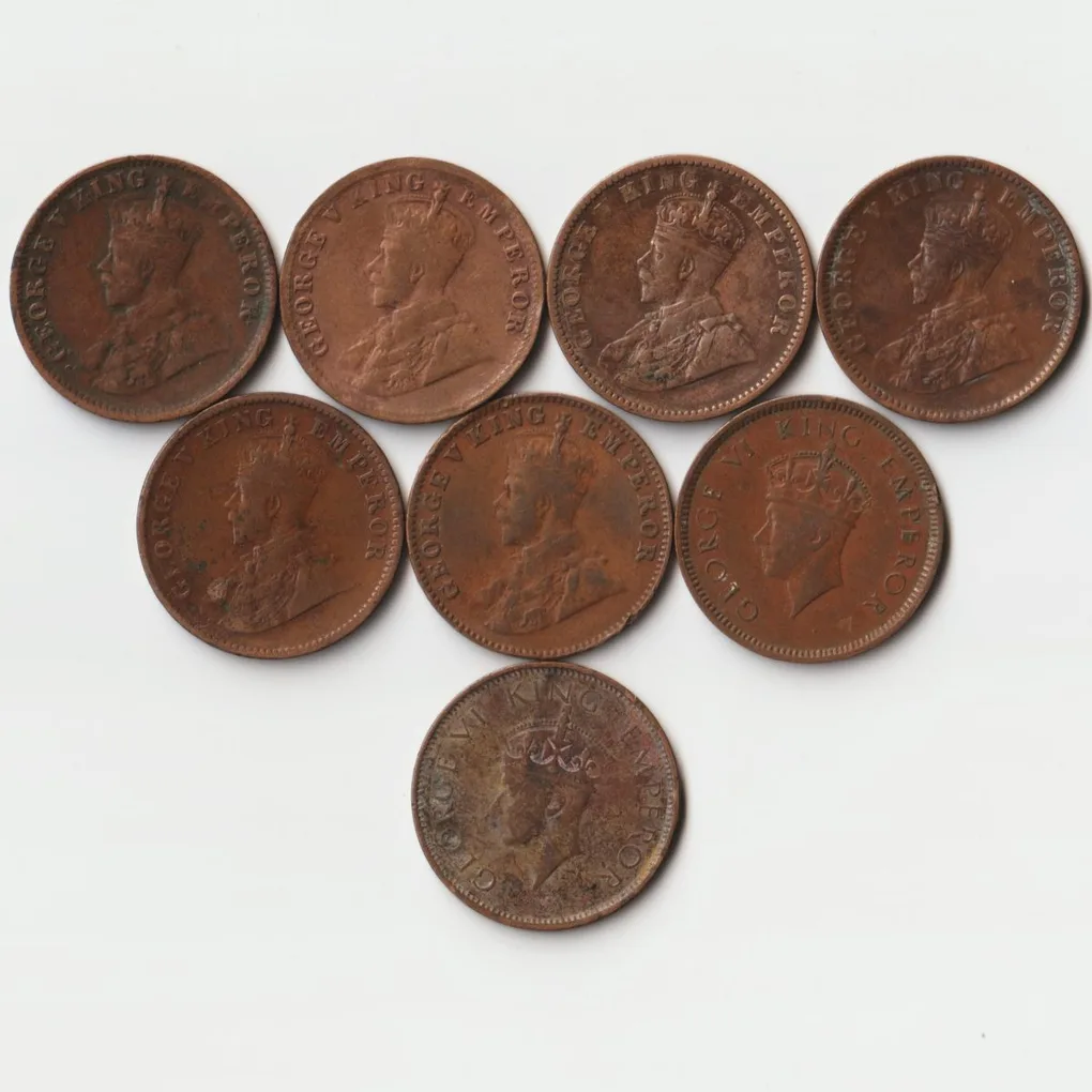 8 Coins Set of One Quarter Anna 1919 to 1940 Bronze Coin of King George VI and George V British India Coinage