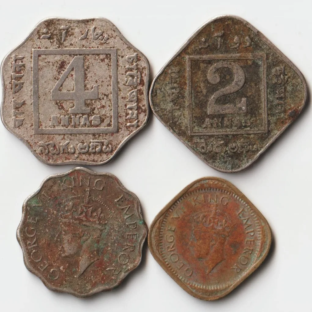 Rare Four Coins Set of 1/2, 1, 2, 4 Anna 1918-20 George V and George VI 1944-46 Different Metals Collectible Coins of British India