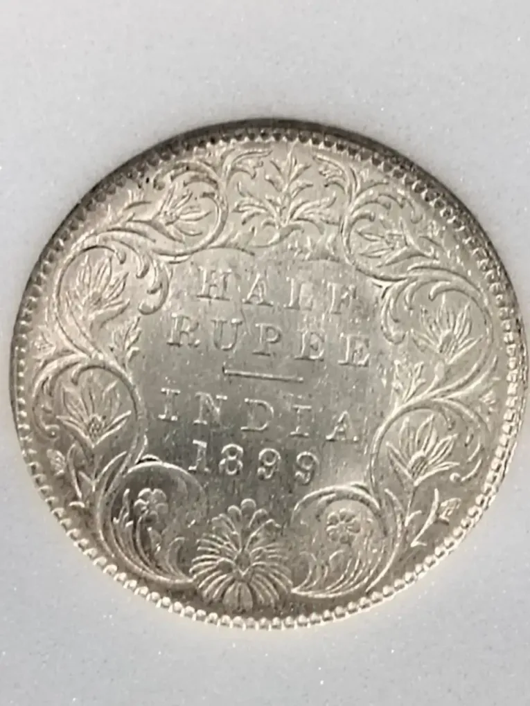 Rare Half Rupee 1899 Graded in MS 64 Grade Victoria Queen British India Silver Coin