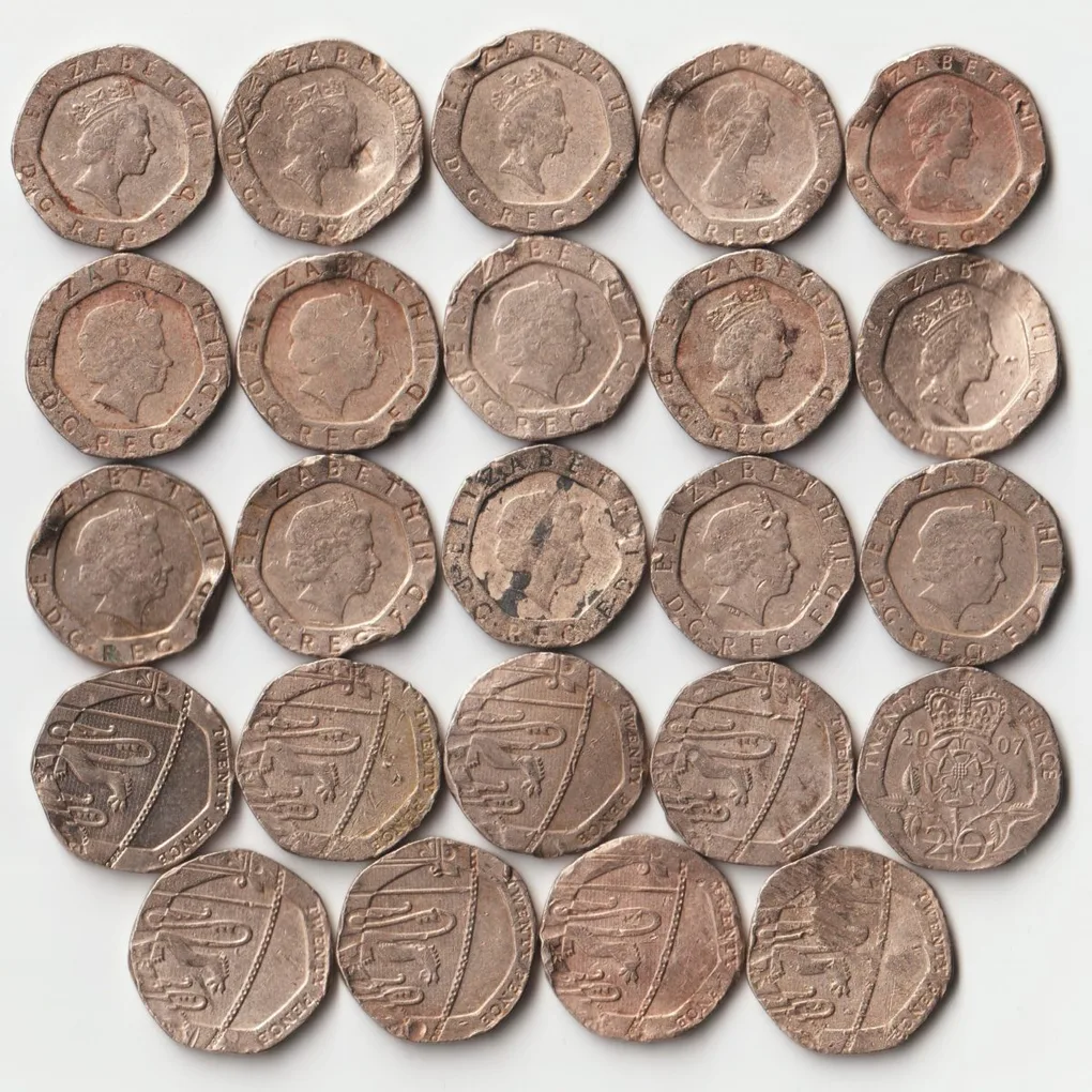 Extremely Rare Coins of 20 Pence Different Dates Copper-Nickel Coins of Elizabeth II United Kingdom, British Overseas Territories and Crown Dependencies