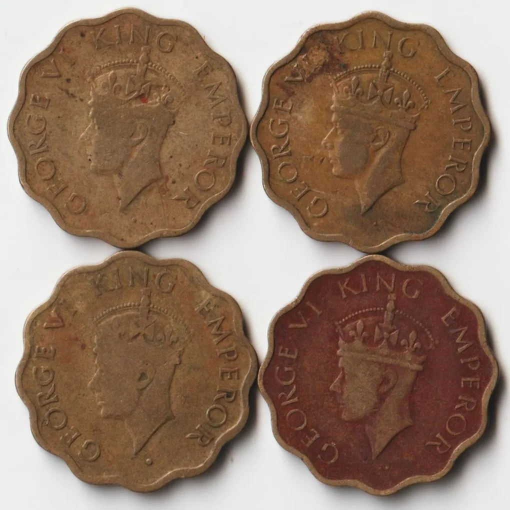 4 Coins Set of One Anna 1942 to 1945 Nickel-Brass Coins Set of George VI British India Coinage
