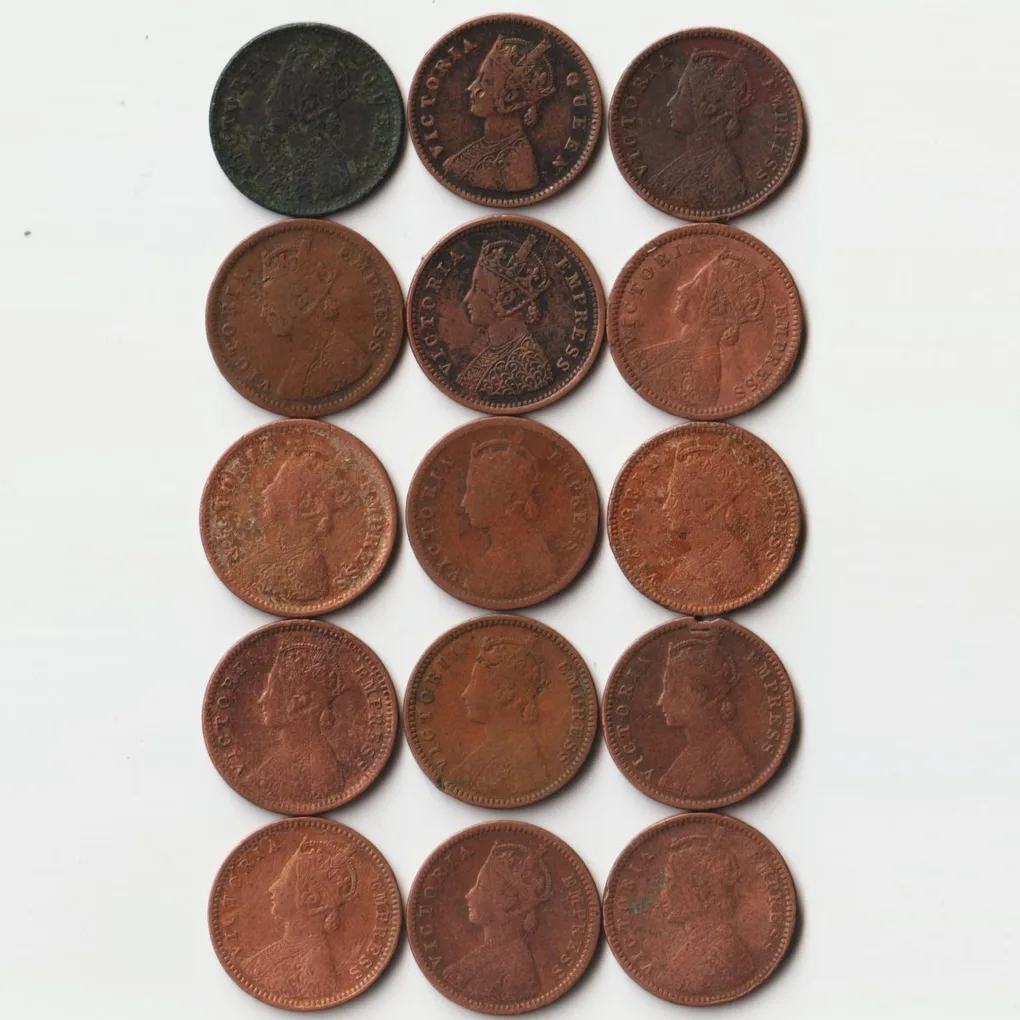 Rare 15 Coins Set of One Quarter Anna 1875 to 1901 Copper Coins Set of Victoria Empress British India Coinage