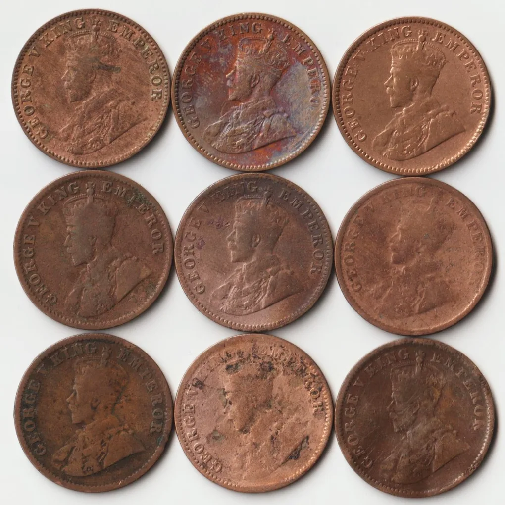 9 Coins Set of One Quarter Anna 1917 to 1936 Copper Coin of King George V British India Collectible Coins