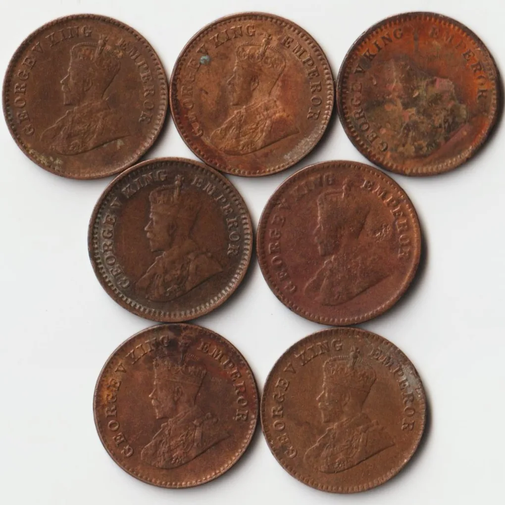 7 Coins Set of 1/12 Anna 1913 to 1926 Bronze Coins of King George V British India Coinage