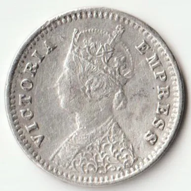 Rare Two Anna 1887 Victoria Empress of British India Small Silver Beautiful Extremely Fine Grade Coin