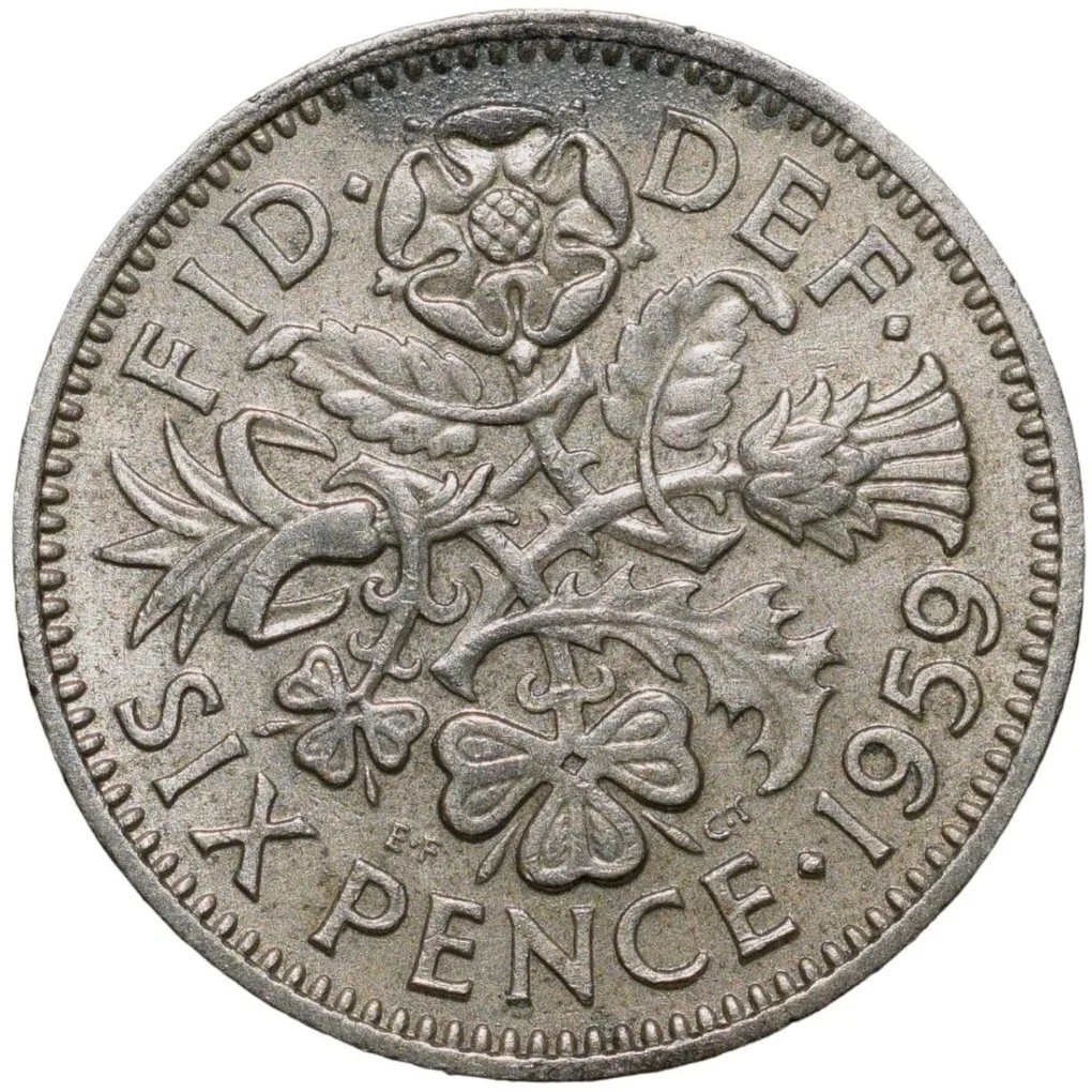 Copper-Nickel 6 Pence of Elizabeth II of United Kingdom (AD 1959) with Flowers
