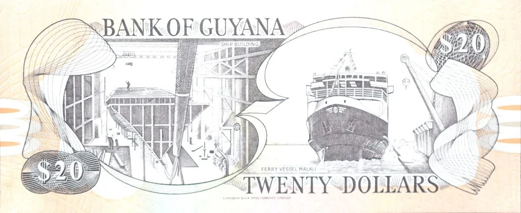20 Dollars of Guyana Country (AD 1996-2018) with A photographic view of Kaieteur Falls