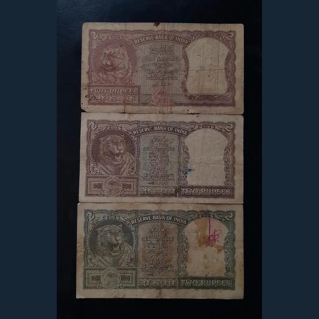 2₹ 🐯 Tiger Face Notes 3 different signature & colors 1 H. V. R. Lenger 2 P. C.Bhattacharya. (Cof