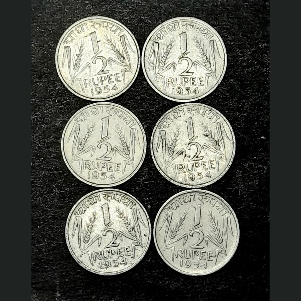 1/2 Half Rs 1954 Calcutta Mint Aunc Condition 6 Pcs Given 04