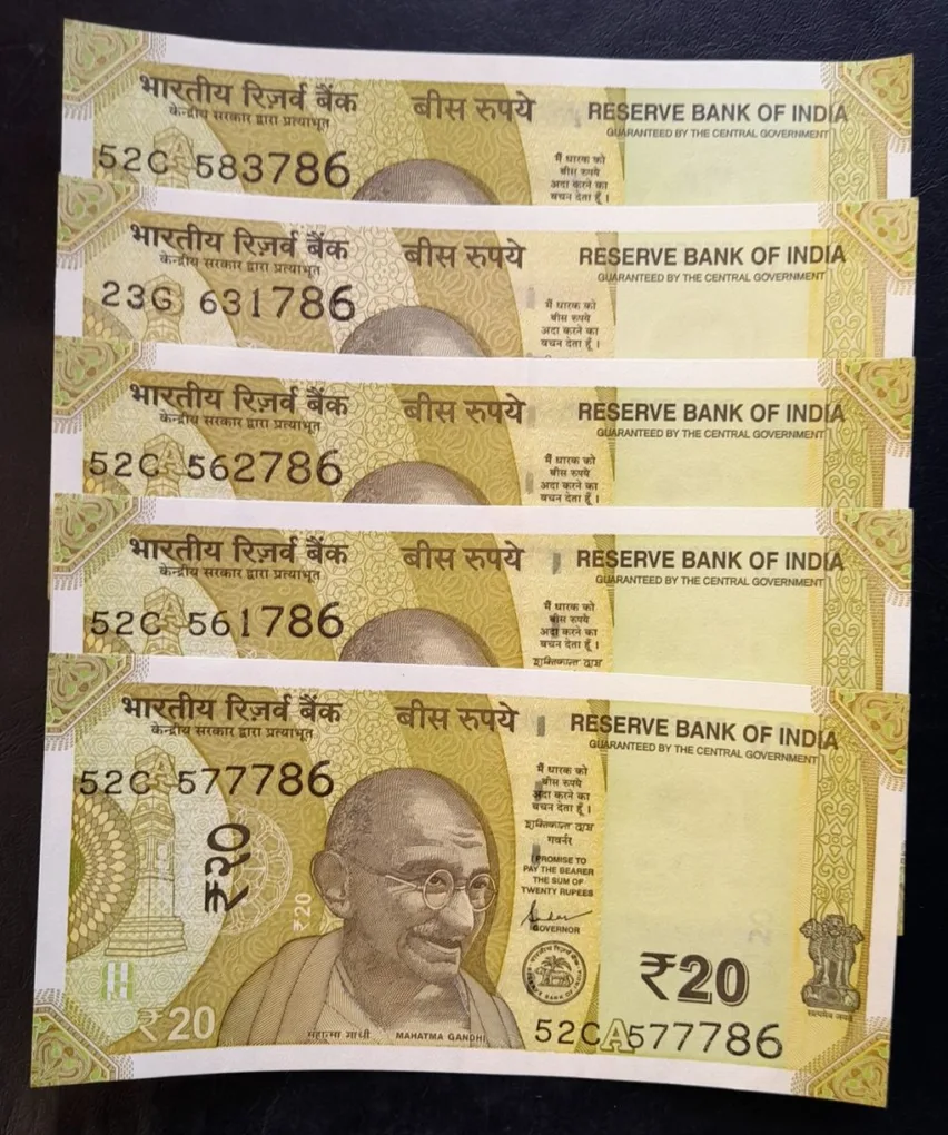 Holy number ending 786 5piece 20rs very rare note UNC the very lowest price