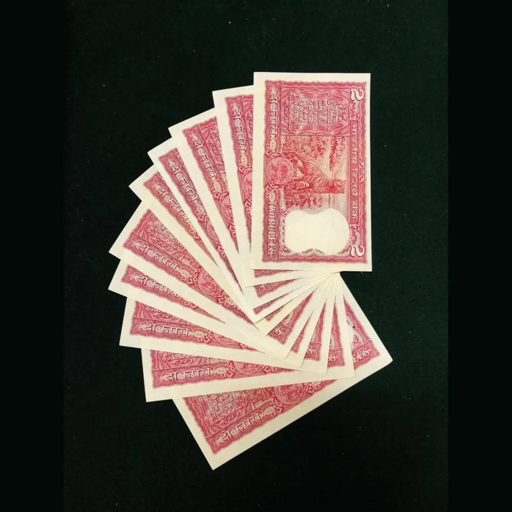 Rs 2 India Banknote Tiger Issue UNC Issue 1960s 10 note Lot Crisp Signed By S Jagganathan