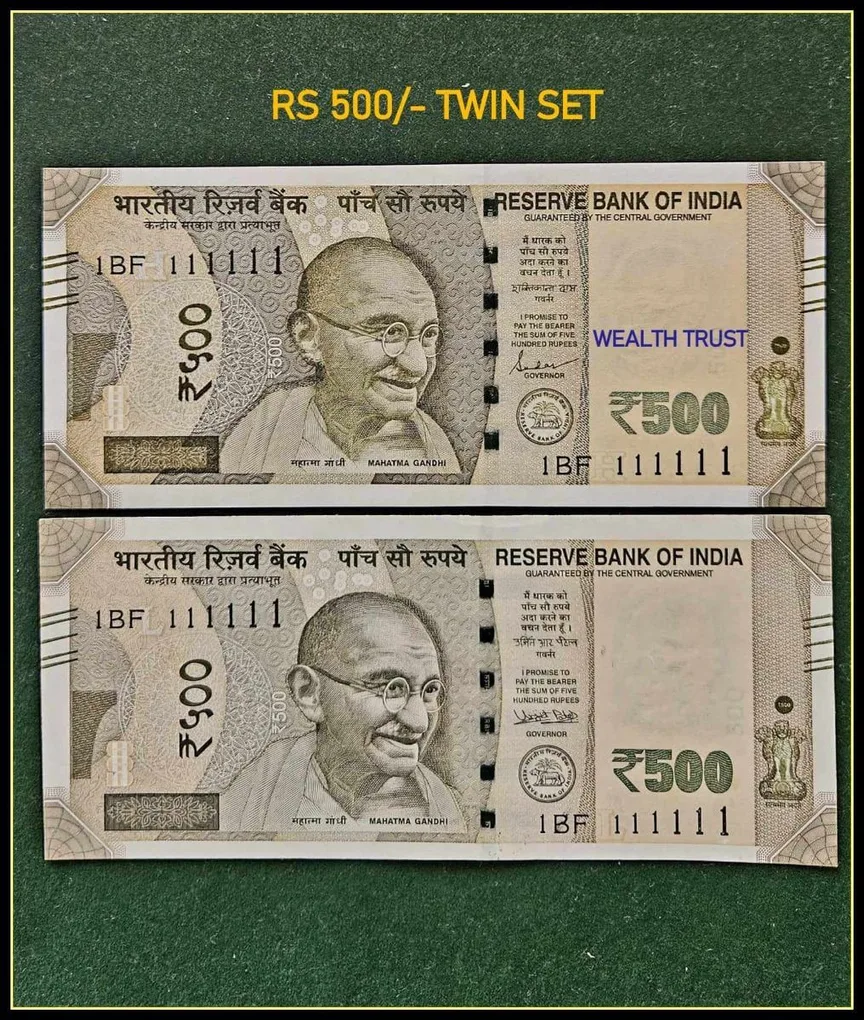 Rs 500 Twin Set Gem Unc Very Unique Bank Note Set Super Solid Number 1BF 111111