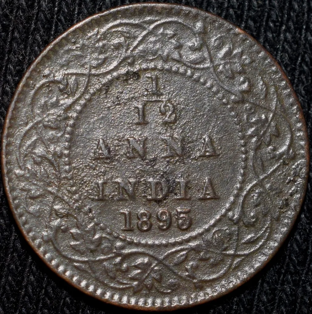 Copper 1/12 Anna of Victoria Empress (AD 1895) of Calcutta Mint Bust Type B Inverted 'V'