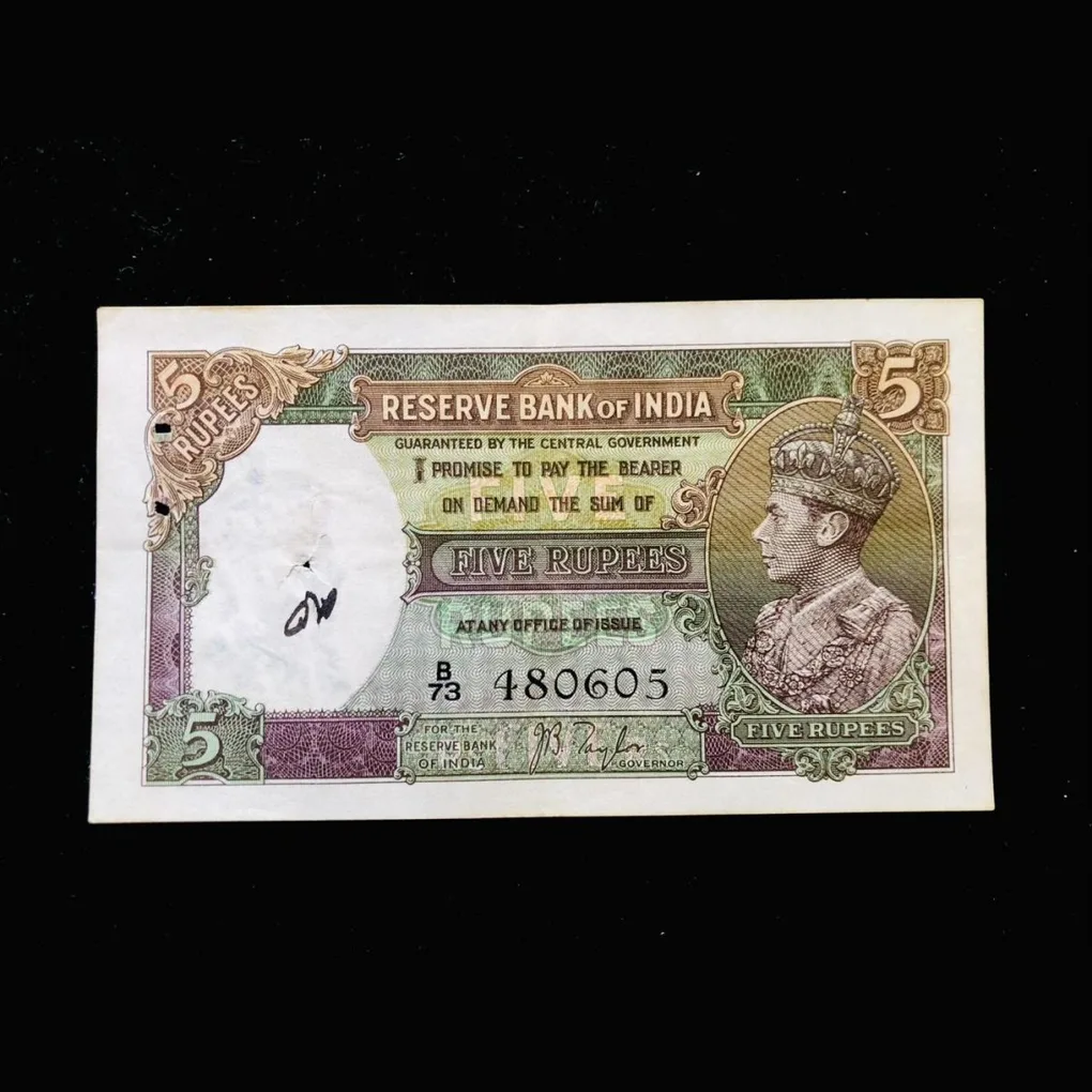 British 5 Rupee Note King George VI Issue Black Serial Unique and Rare British India Issue By J B Taylor