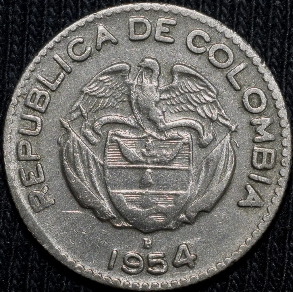 Old Copper-Nickel 10 Pesos of Colombia Country (AD 1954) with portrait of Indio Chief