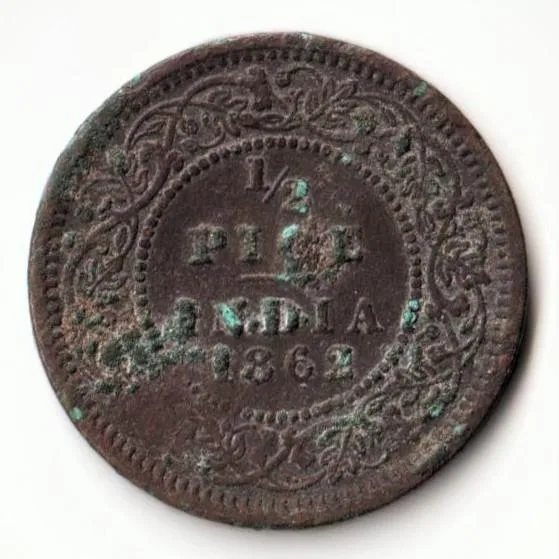 Rare 1/2 Pice 1862 Copper Coin of Victoria Empress Standard Circulation Coin of British India