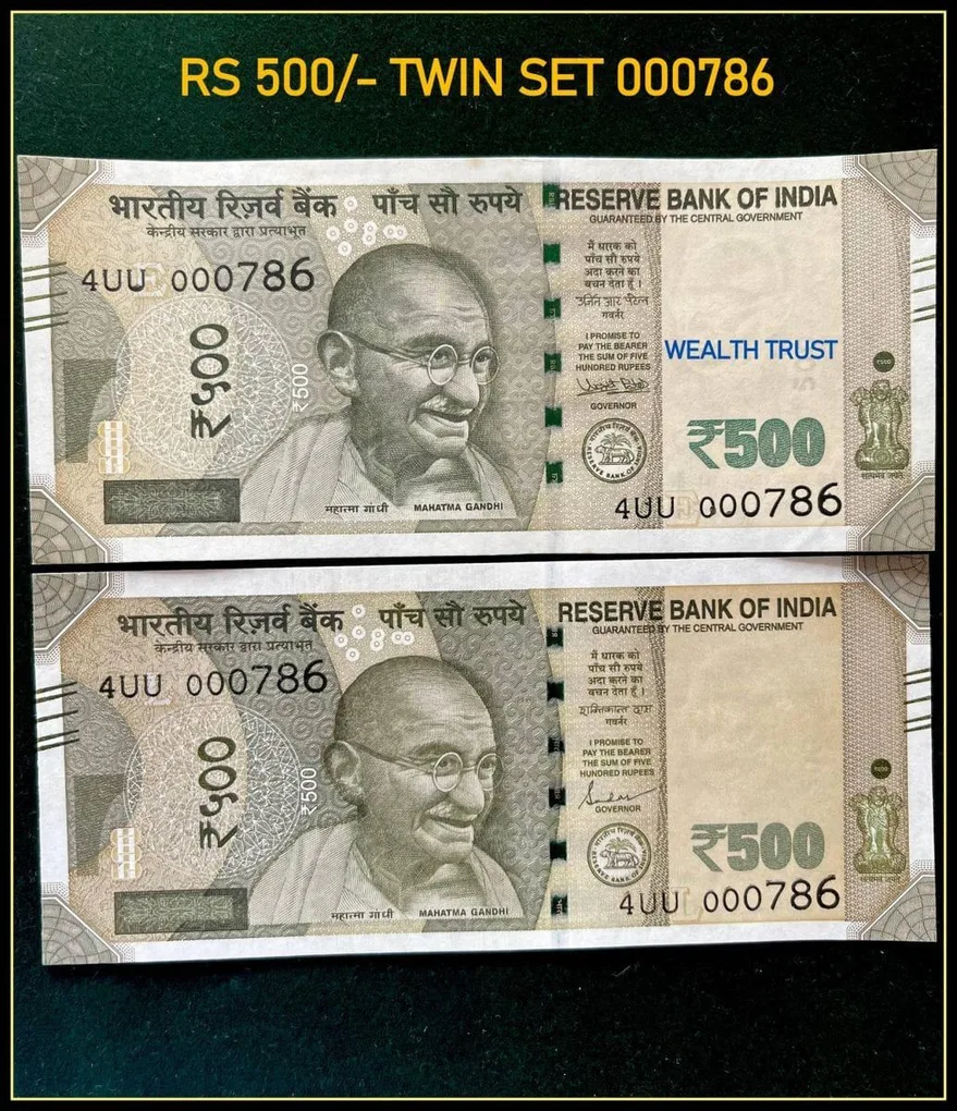 Rs 500 Twin Set Gem Unc Very Unique Bank Note Set Solid Holy Number 4UU 000786