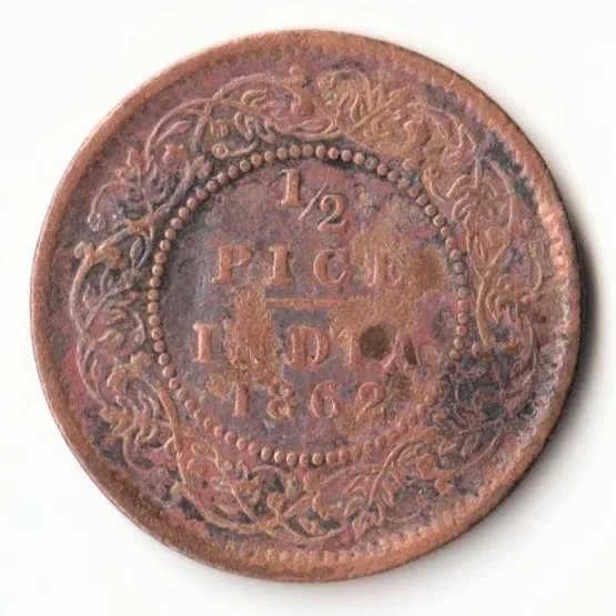 Rare 1/2 Pice 1862 Copper Coin of Victoria Empress Standard Circulation Coin of British India