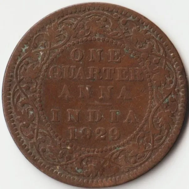 One Quarter Anna 1929 Bronze Coin of King George V British India Coinage