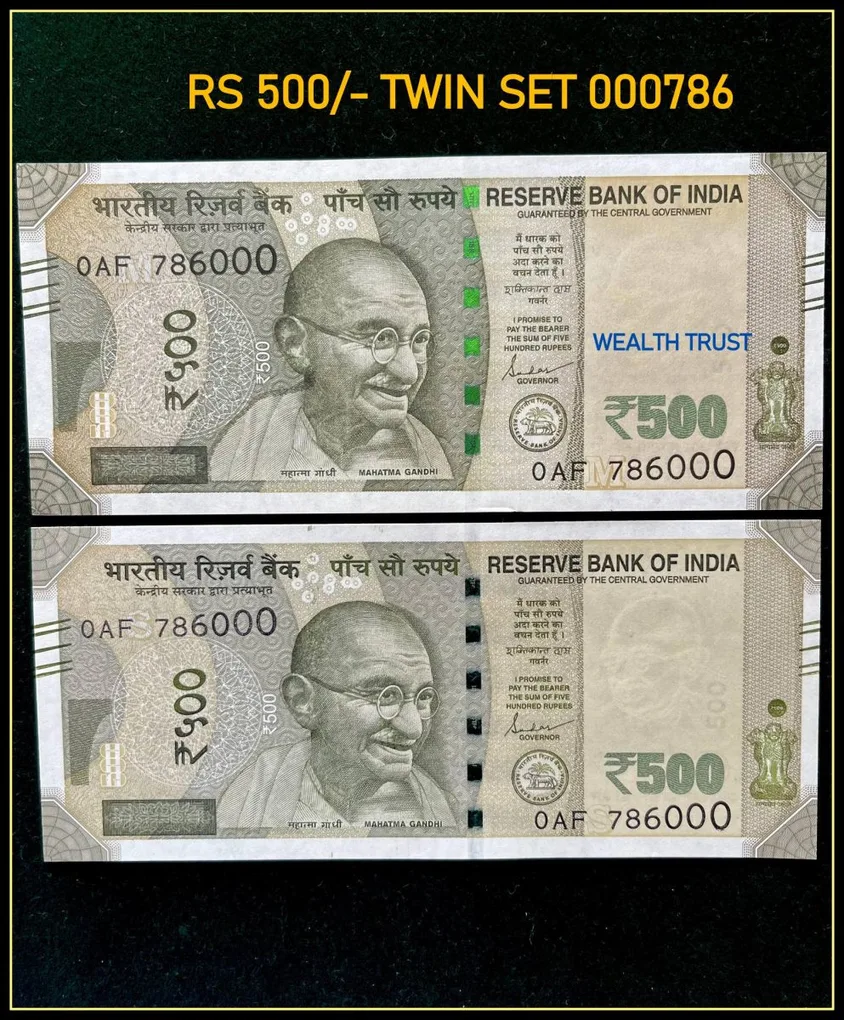 Rs 500 Twin Set Gem Unc Very Unique Bank Note Set Solid Holy Number 0AF 786000