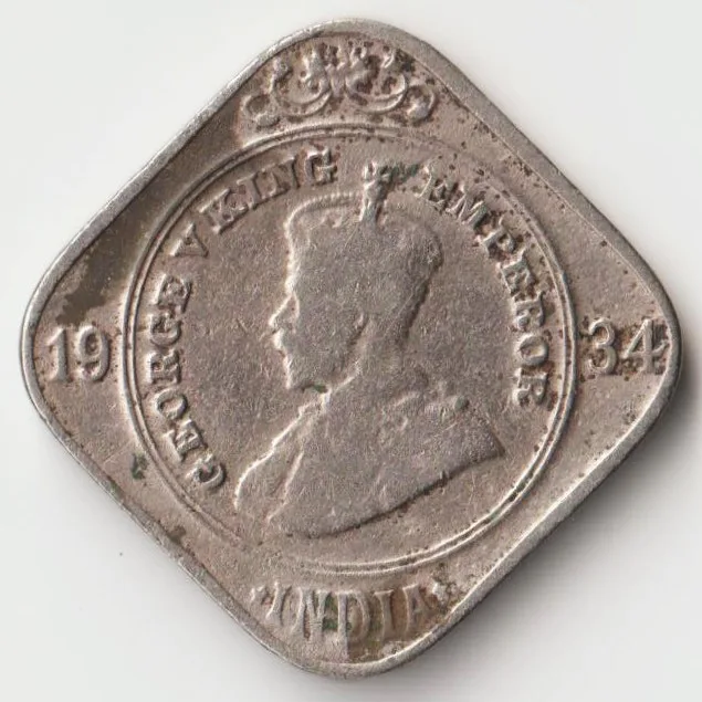 Extremely Rare Two Anna 1934 Copper-Nickel Coin of King George V British India Coinage