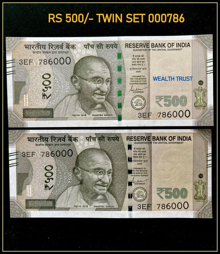 Rs 500 Twin Set Gem Unc Very Unique Bank Note Set Solid Holy Number 3EF 786000