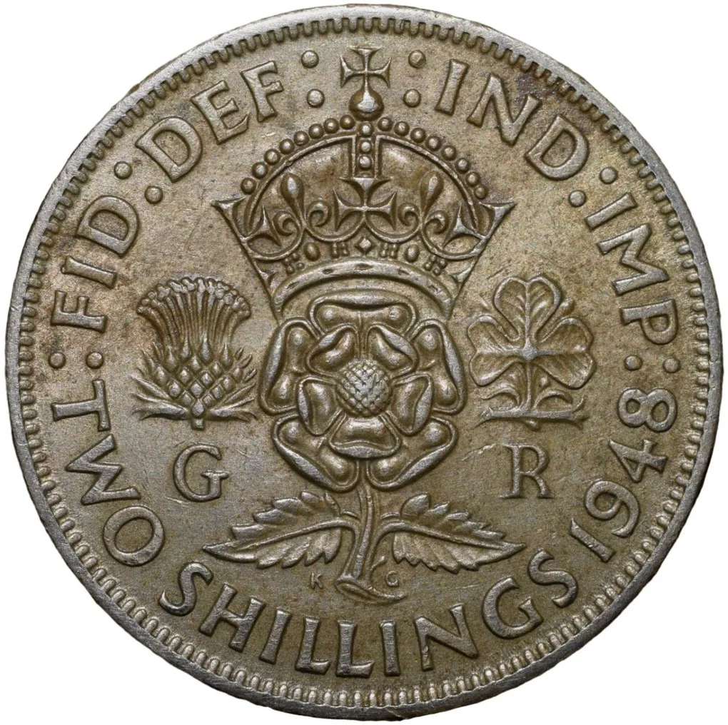 Copper-Nickel 2 Shillings of George VI (AD 1948) from Great Brittain Crown above Rose Plant