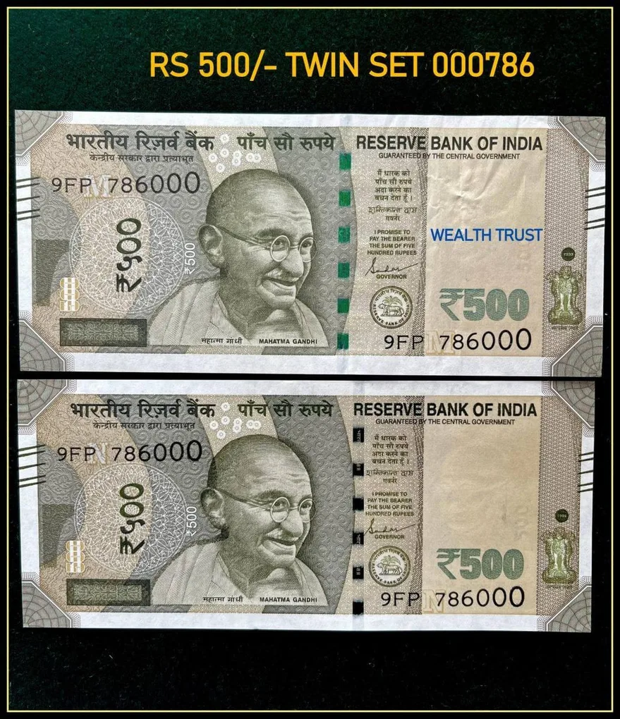 Rs 500 Twin Set Gem Unc Very Unique Bank Note Set Solid Holy Number 9FP 786000