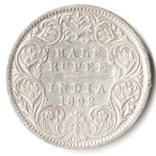 Rare Half Rupee 1892 of Calcutta Mint of Victoria Empress Collectible British India Silver Coin