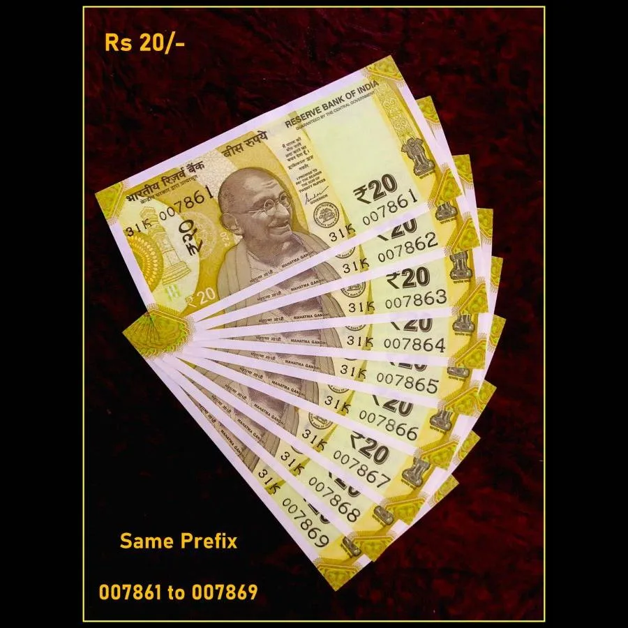 Rs 20 India Banknote Holy Fancy Number 007861 to 007869 Gem Unc Set Same Prefix Unique