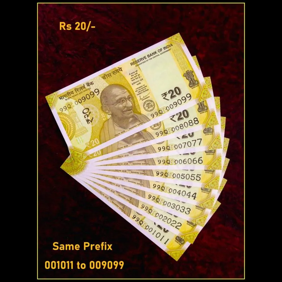 Rs 20 India Banknote Semi Solid Set 001011 to 009099 Unique and Rare