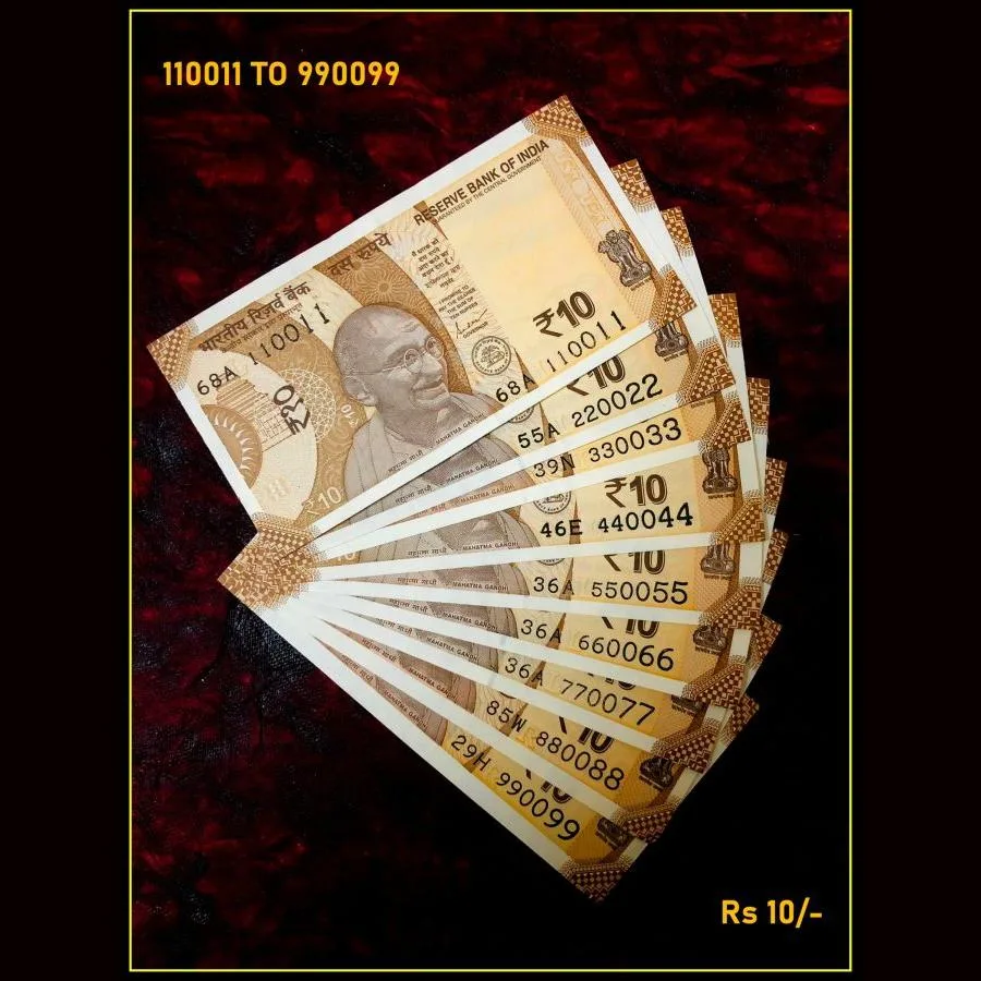 Rs 10 India Banknote Semi Solid Set 110011 to 990099 Gem Unc Unique and Rare