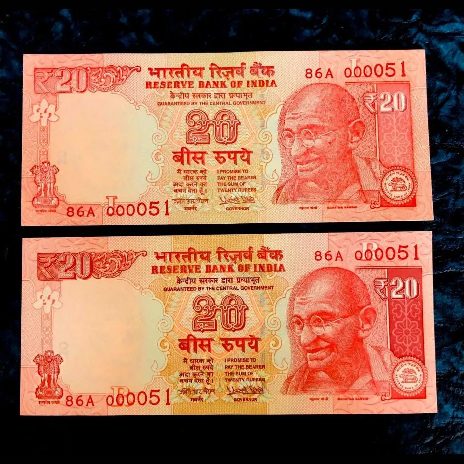 Rs 20 India Banknote Twin Pair Gem Unc Both Serial Numbers Identical Telescope Issue