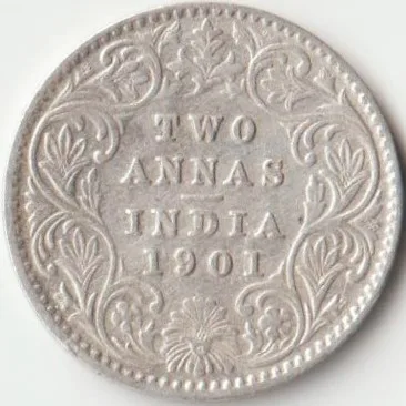 XF Grade Two Anna 1901 Silver Coin of Victoria Empress British India Collectible Coins