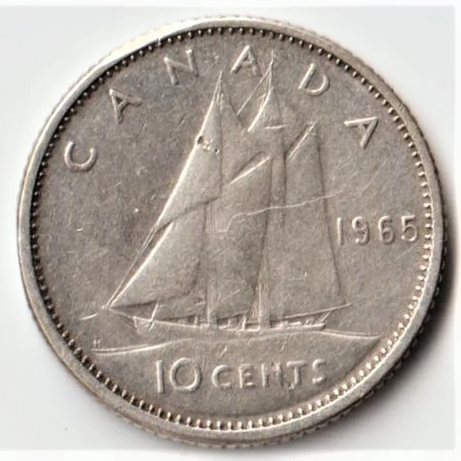 Rare 10 Cents Canada 1965 of Elizabeth II of Royal Canadian Mint Silver 2.33 g