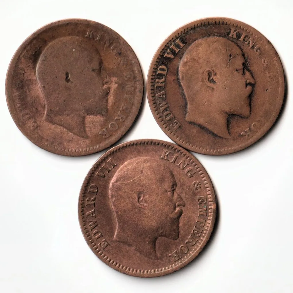 3 Coin Set of 1/4 Quarter Anna 1907 to 1910 Bronze Coin Of Edward VII British India Coinage