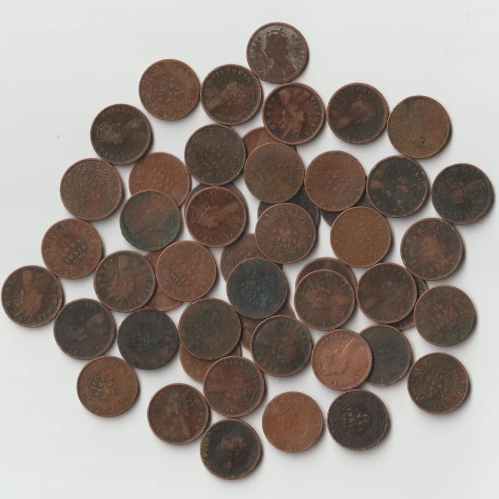Extremely Rare 50 Coins Set of 1/12 Anna All Different Dates and Different Mints Copper Coins of Victoria Queen British India Coinage